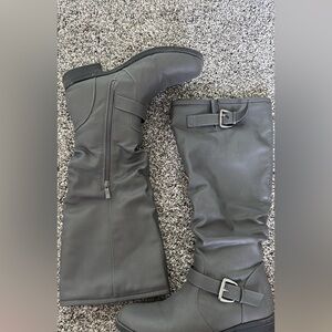 Gray Knee-High Boots with Buckle Detail